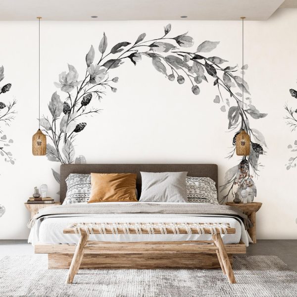 Wall Mural Wallpaper - Romantic wreath - grey plant motif with leaves with rose pattern - Image 3