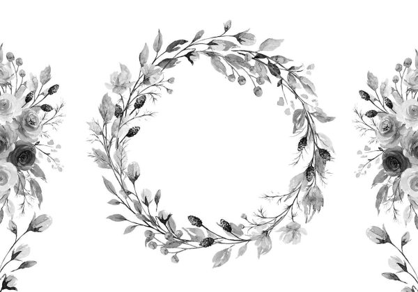 Wall Mural Wallpaper - Romantic wreath - grey plant motif with leaves with rose pattern - Image 6