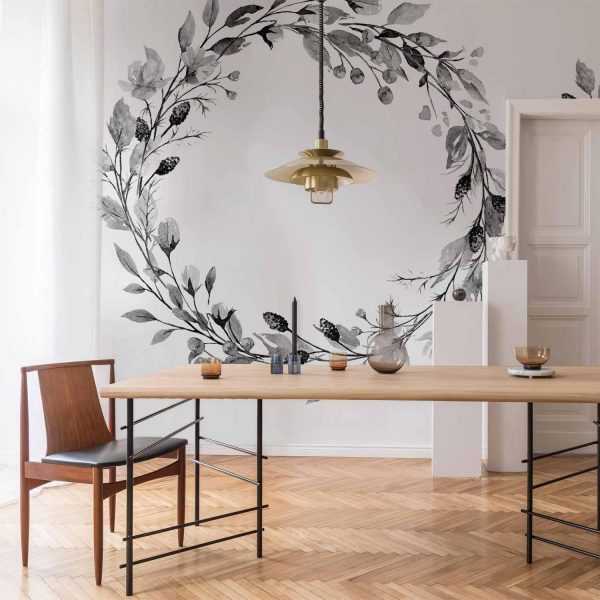 Wall Mural Wallpaper - Romantic wreath - grey plant motif with leaves with rose pattern - Image 2
