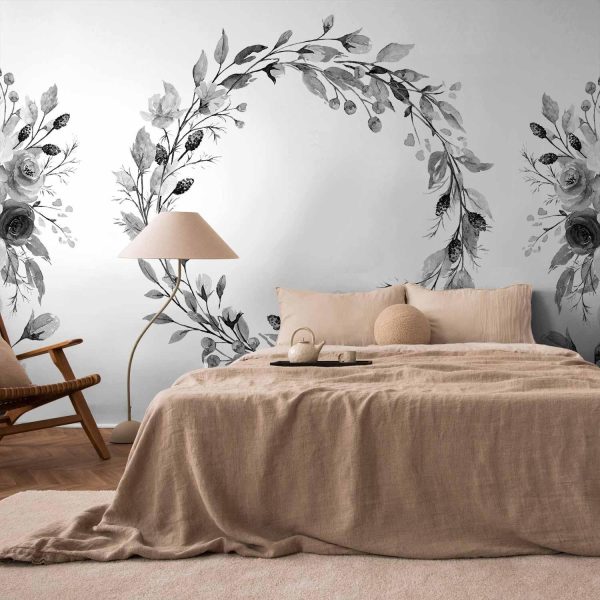 Wall Mural Wallpaper - Romantic wreath - grey plant motif with leaves with rose pattern