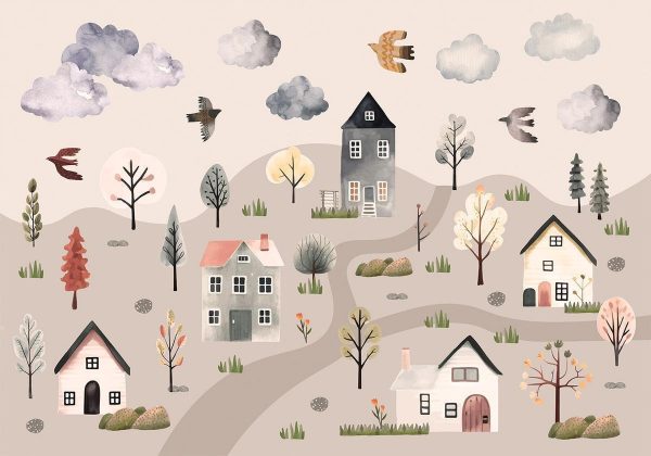 Wall Mural - Scandinavian Valley - Village in Pastel Colours Painted in Watercolours