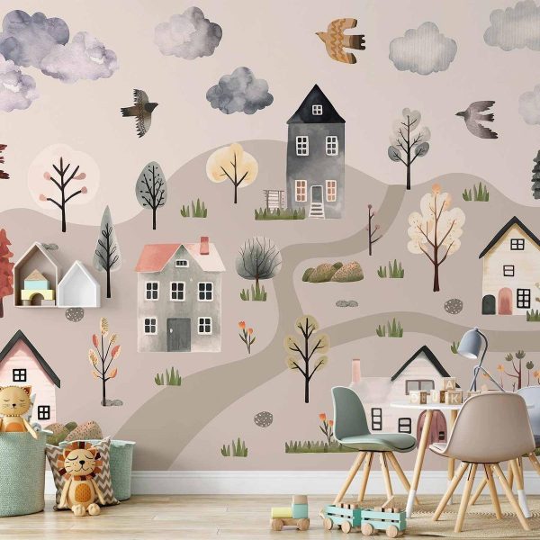 Wall Mural - Scandinavian Valley - Village in Pastel Colours Painted in Watercolours
