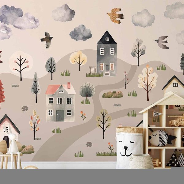Wall Mural - Scandinavian Valley - Village in Pastel Colours Painted in Watercolours
