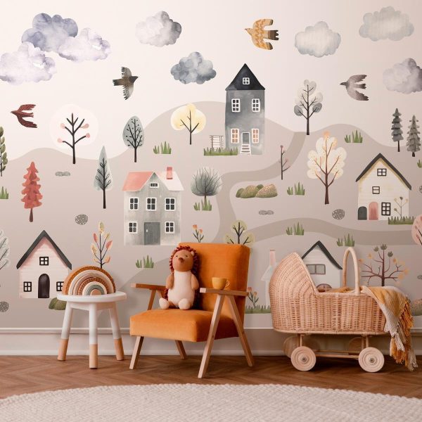 Wall Mural - Scandinavian Valley - Village in Pastel Colours Painted in Watercolours