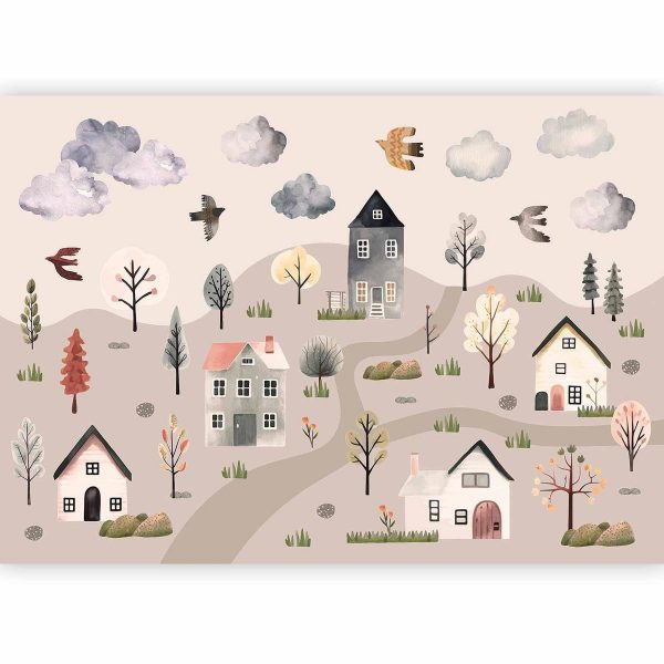 Wall Mural - Scandinavian Valley - Village in Pastel Colours Painted in Watercolours