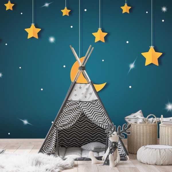Wall Mural Wallpaper - Skyline - turquoise night sky landscape with stars for children - Image 3