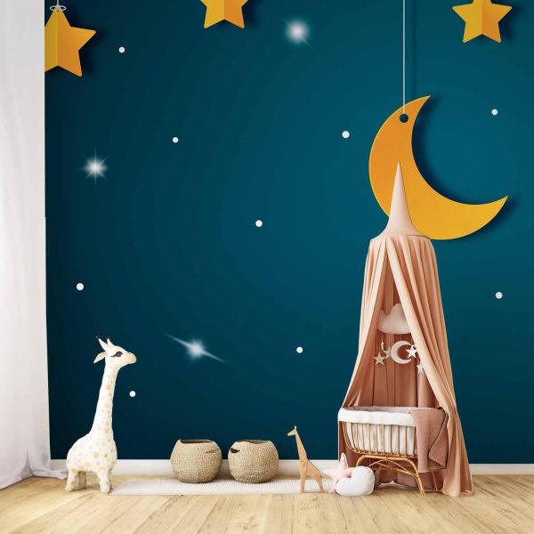 Wall Mural Wallpaper - Skyline - turquoise night sky landscape with stars for children