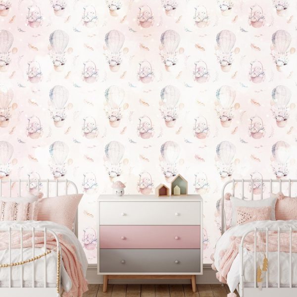 Wall Mural Wallpaper - Solid pattern with feathers - hares in a basket and in a balloon for children - Image 3