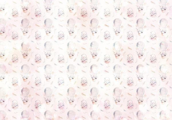 Wall Mural Wallpaper - Solid pattern with feathers - hares in a basket and in a balloon for children - Image 6