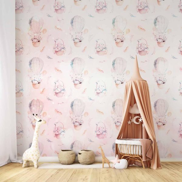 Wall Mural Wallpaper - Solid pattern with feathers - hares in a basket and in a balloon for children - Image 2