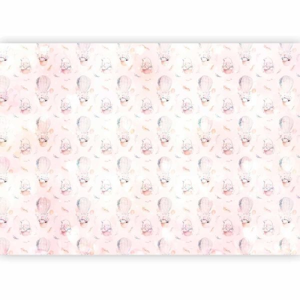Wall Mural Wallpaper - Solid pattern with feathers - hares in a basket and in a balloon for children - Image 5