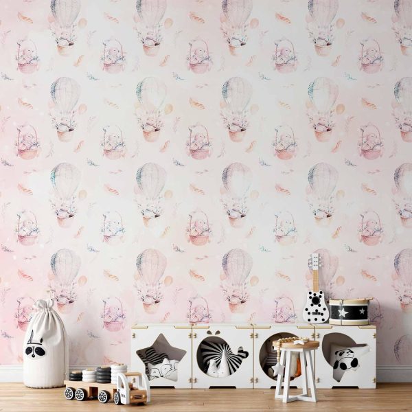 Wall Mural Wallpaper - Solid pattern with feathers - hares in a basket and in a balloon for children