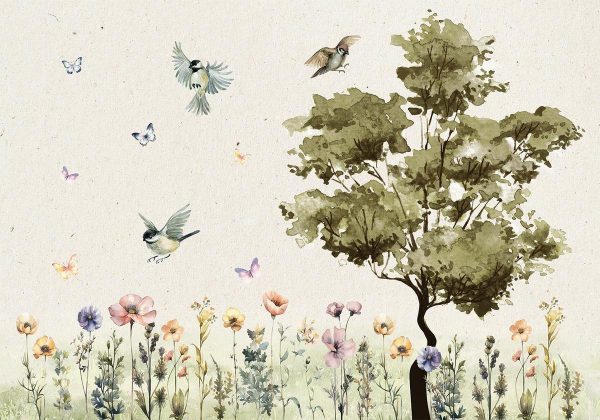 Wall Mural - Spring Meadow - a Clearing With Flowers Painted in Watercolours