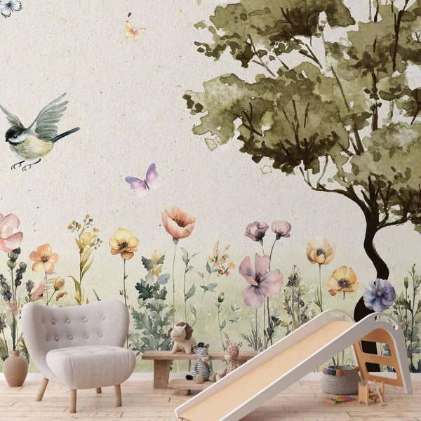Wall Mural - Spring Meadow - a Clearing With Flowers Painted in Watercolours