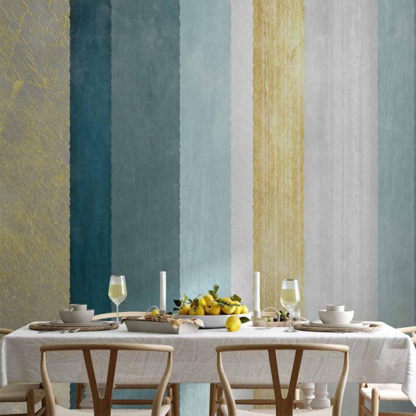 Wall Mural Wallpaper - Striped pattern - abstract background in stripes in blue tones with gold pattern - Image 2