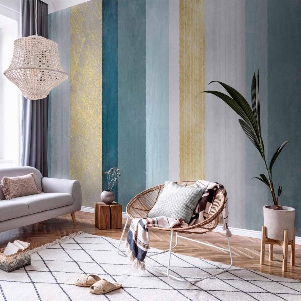 Wall Mural Wallpaper - Striped pattern - abstract background in stripes in blue tones with gold pattern