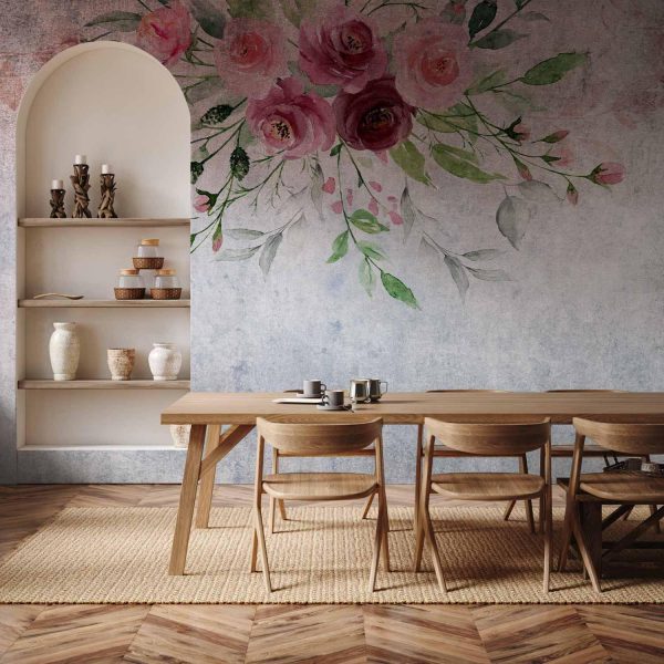 Wall Mural Wallpaper - Summer bloom - plant motif with flowers and leaves in pink tones - Image 2