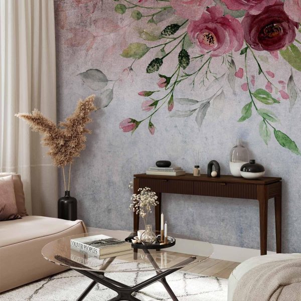 Wall Mural Wallpaper - Summer bloom - plant motif with flowers and leaves in pink tones