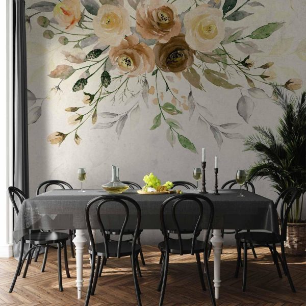 Wall Mural Wallpaper - Summer bloom - retro floral motif with flowers and leaves with patterns - Image 2