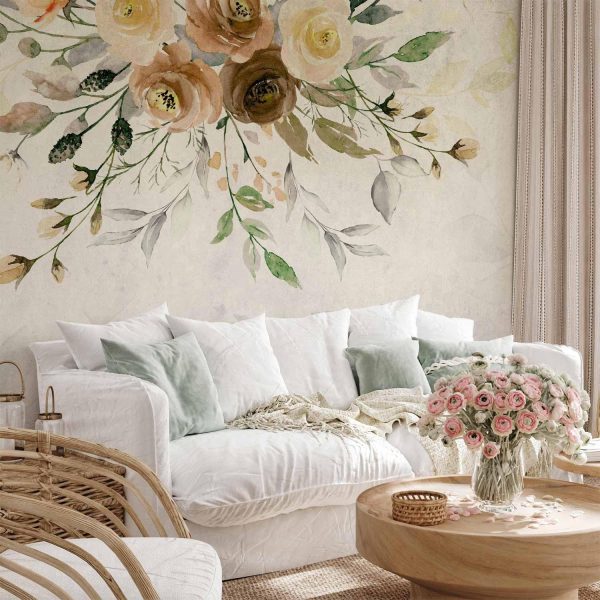 Wall Mural Wallpaper - Summer bloom - retro floral motif with flowers and leaves with patterns