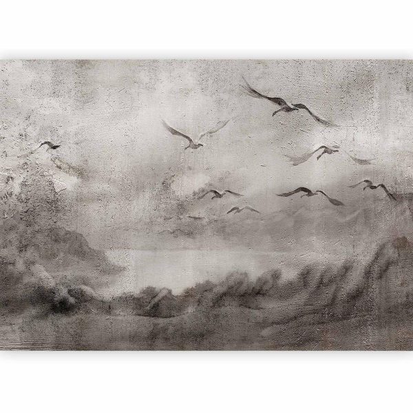 Wall Mural - Swan flight - abstract landscape of birds over a lake with texture
