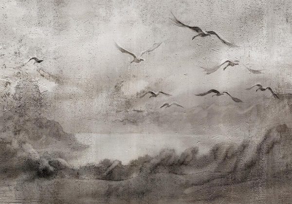 Wall Mural - Swan flight - abstract landscape of birds over a lake with texture