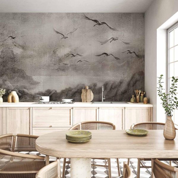 Wall Mural - Swan flight - abstract landscape of birds over a lake with texture