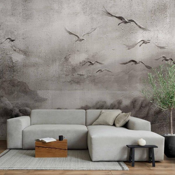 Wall Mural - Swan flight - abstract landscape of birds over a lake with texture