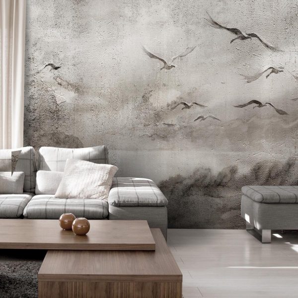 Wall Mural - Swan flight - abstract landscape of birds over a lake with texture