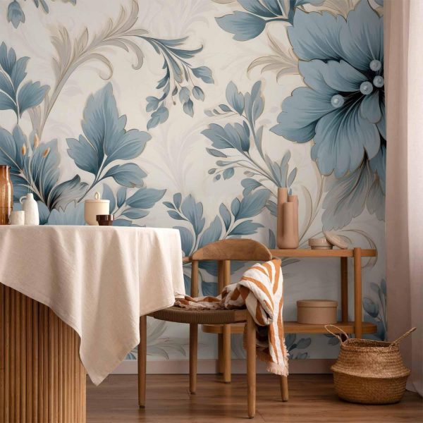 Wall Mural - Turquoise Flowers in Retro Ambience - Floristic Ornaments - Image 2