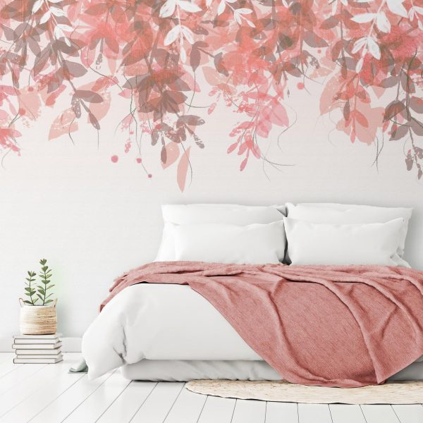 Wall Mural Wallpaper - Under vegetation - hanging vines of pink leaves on a neutral background - Image 3