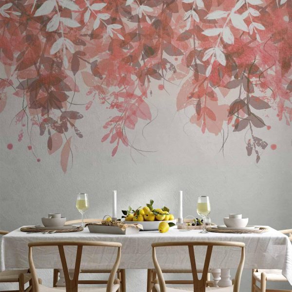 Wall Mural Wallpaper - Under vegetation - hanging vines of pink leaves on a neutral background - Image 2