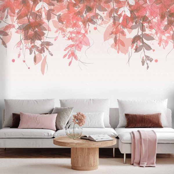 Wall Mural Wallpaper - Under vegetation - hanging vines of pink leaves on a neutral background