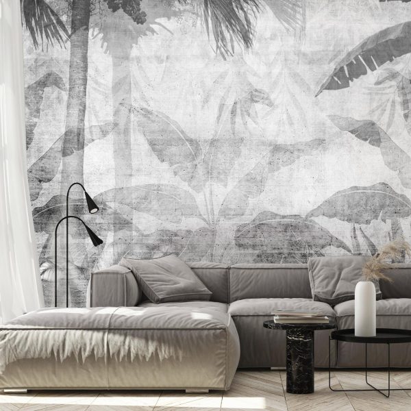 Wall Mural Wallpaper - Vanishing jungle - landscape of exotic trees and leaves in grey tones - Image 3