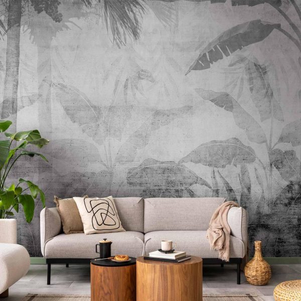 Wall Mural Wallpaper - Vanishing jungle - landscape of exotic trees and leaves in grey tones