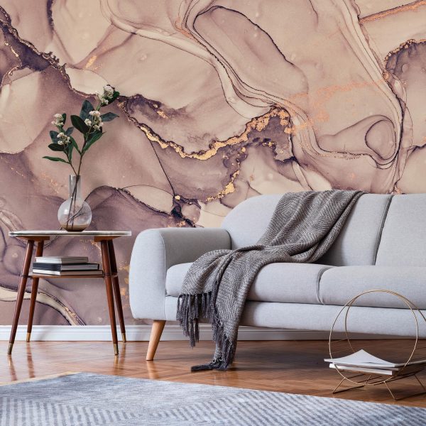 Wall Mural Wallpaper - Watercolour Abstraction - Powder Pink Marble With Gold Accents - Image 3