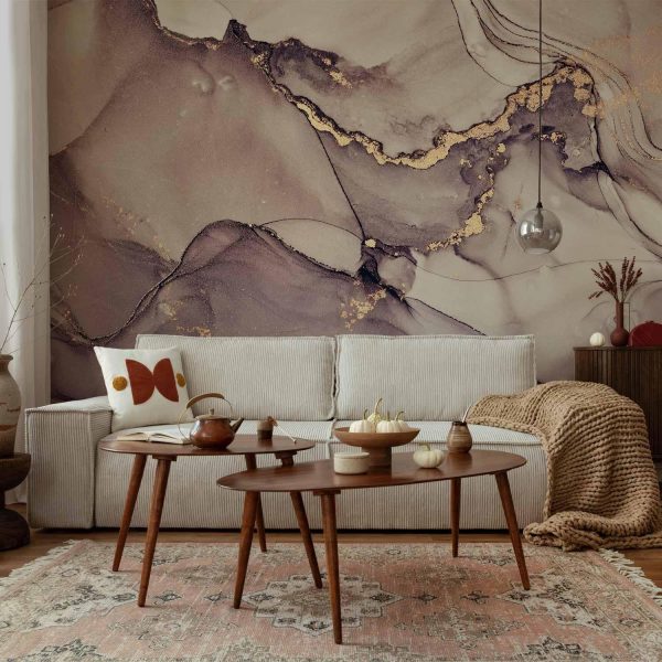 Wall Mural Wallpaper - Watercolour Abstraction - Powder Pink Marble With Gold Accents - Image 2