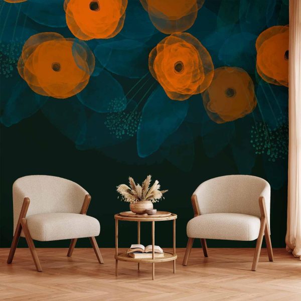 Wall Mural Wallpaper - Watercolour composition - orange patterns on a delicate leaf background