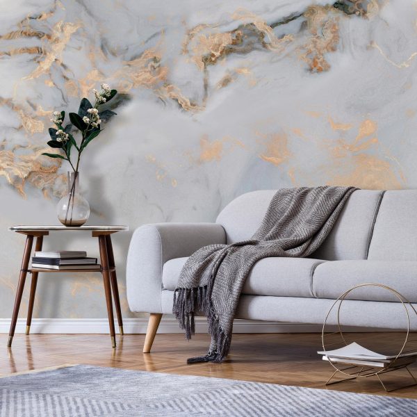 Wall Mural Wallpaper - White Stone - Elegant Marble With Golden Highlights - Image 3