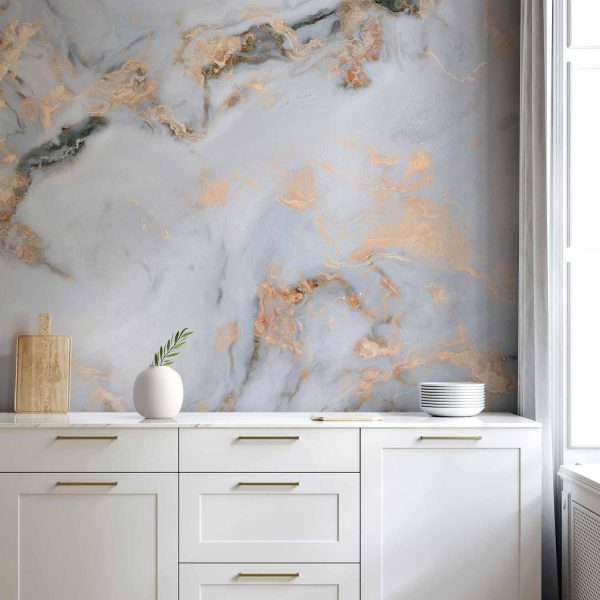 Wall Mural Wallpaper - White Stone - Elegant Marble With Golden Highlights