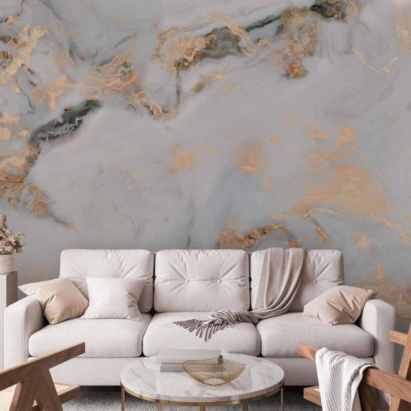 Wall Mural Wallpaper - White Stone - Elegant Marble With Golden Highlights - Image 2
