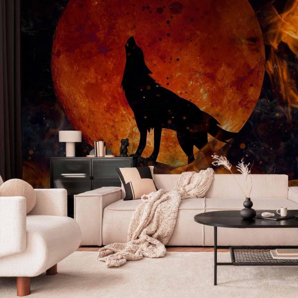 Wall Mural Wallpaper - Wild nature - wolf on a background of a red moon in flames of fire