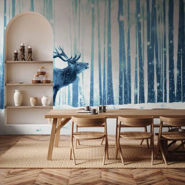 Wall Mural Wallpaper - Winter animals - deer motif on a forest background in shades of blue - Image 2