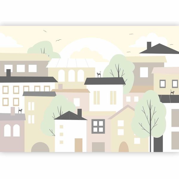 Wall Mural Wallpaper - Yellow town - city suburb with trees and cats for children - Image 4