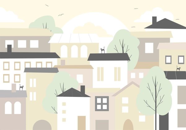 Wall Mural Wallpaper - Yellow town - city suburb with trees and cats for children - Image 6