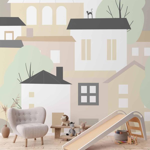 Wall Mural Wallpaper - Yellow town - city suburb with trees and cats for children - Image 2