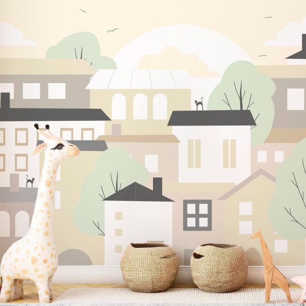 Wall Mural Wallpaper - Yellow town - city suburb with trees and cats for children