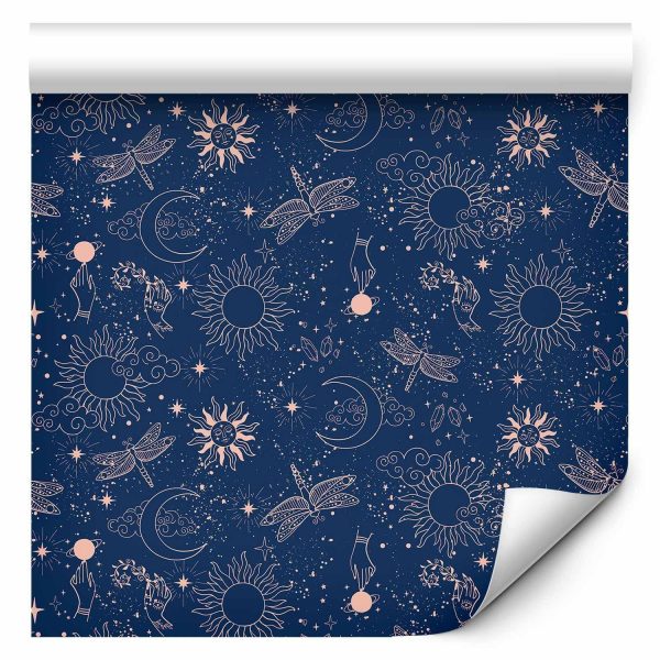 Wallpaper - Cosmic Fantasy - Pattern with Suns - Moons - and Dragonflies on a Dark Background - Image 2