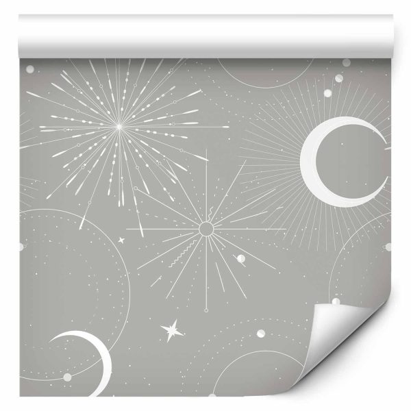 Wallpaper - Cosmic Fireworks - Elegant pattern with moons and stars on a gray background - Image 2