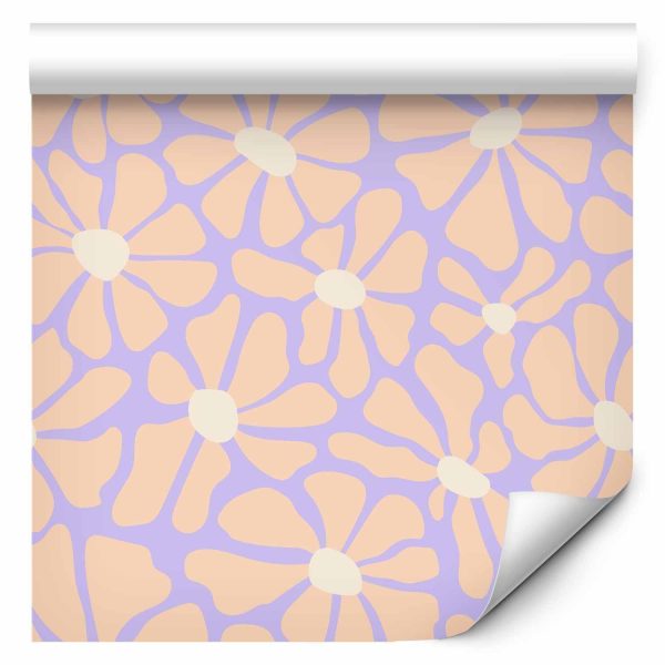 Wallpaper - Cute Light-Beige Little Flowers - Small flowers with beige - undulating petals on a blue background - Image 2